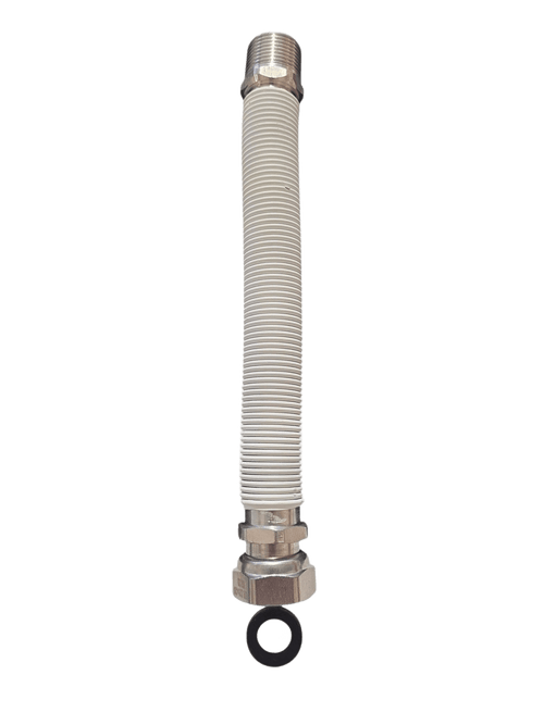 Raccord souple eau pour chaudière MF 1/2 et 3/4 revêtu blanc Extensible Longueurs de 130 à 420 mm Résistant hautes températures Joints inclus