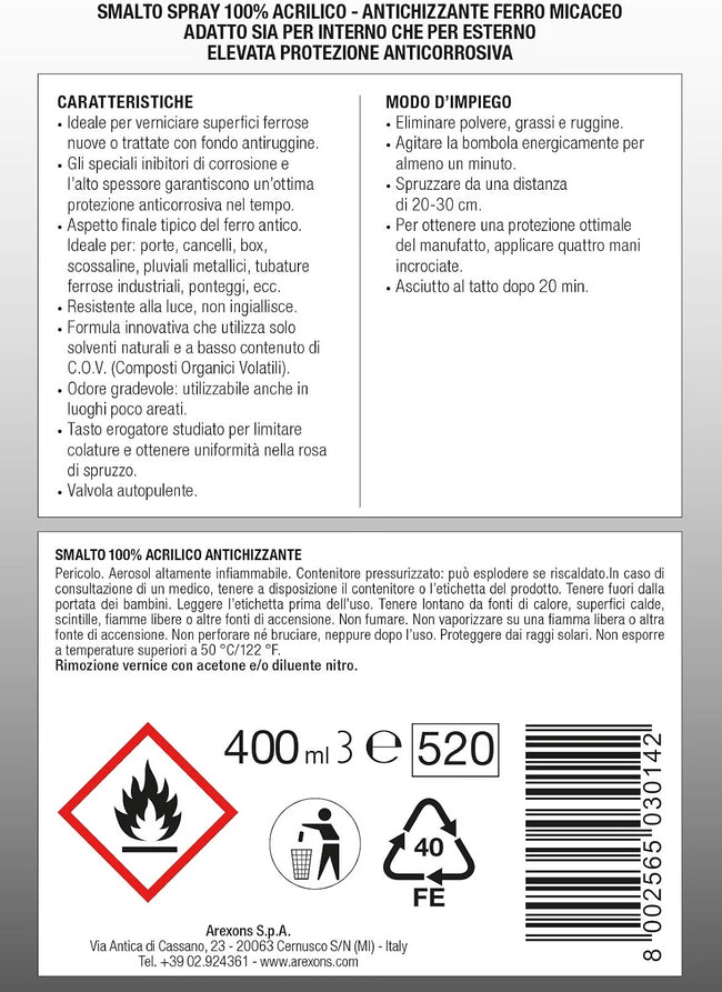 Arexons Smalto 100% Acrilico Alta Temperatura Nero 400 ml – Spray fino a 800°C