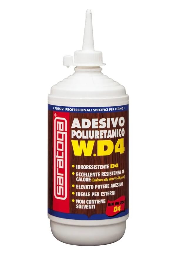 Saratoga W.D4, Adesivo Poliuretanico per Legno, Colla Monocomponente Senza Solventi, Resistente ad Acqua e Alte Temperature, Incollaggio Strutturale Extra Forte per Interni ed Esterni, 500g