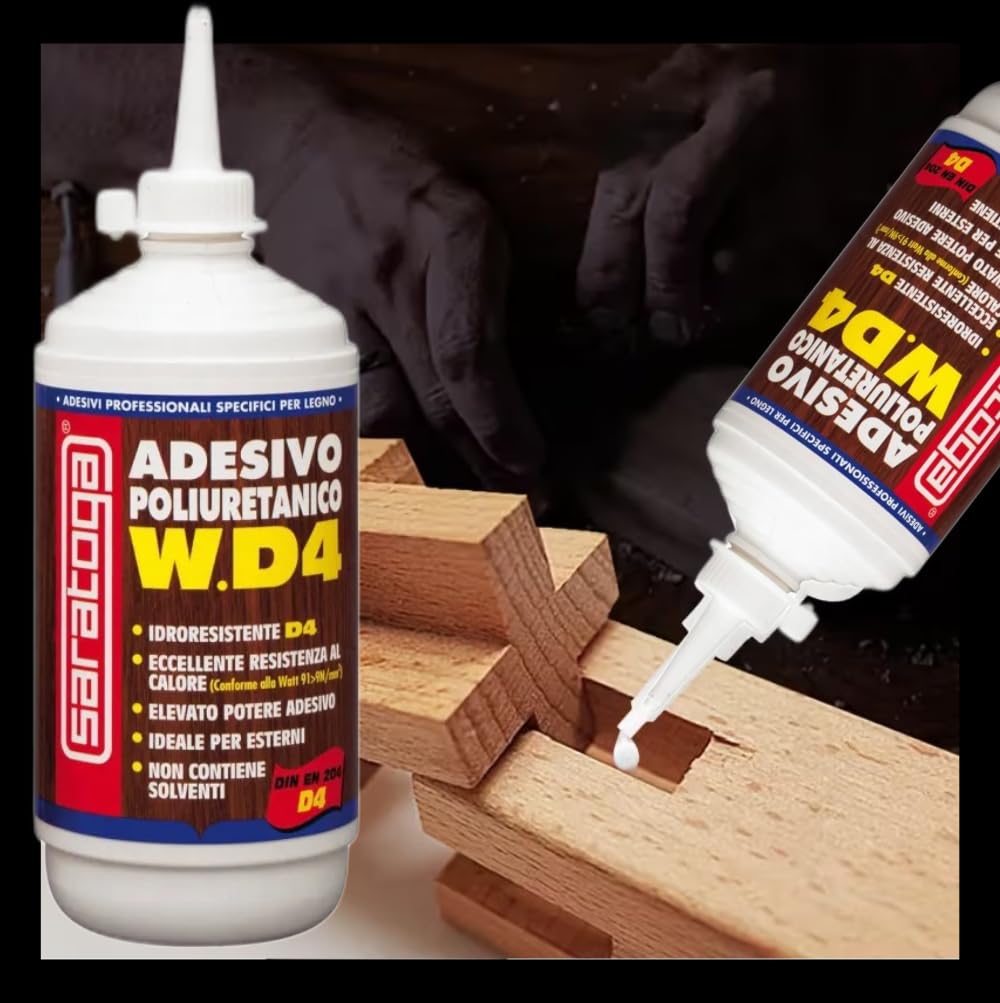 Saratoga W.D4, Adesivo Poliuretanico per Legno, Colla Monocomponente Senza Solventi, Resistente ad Acqua e Alte Temperature, Incollaggio Strutturale Extra Forte per Interni ed Esterni, 500g