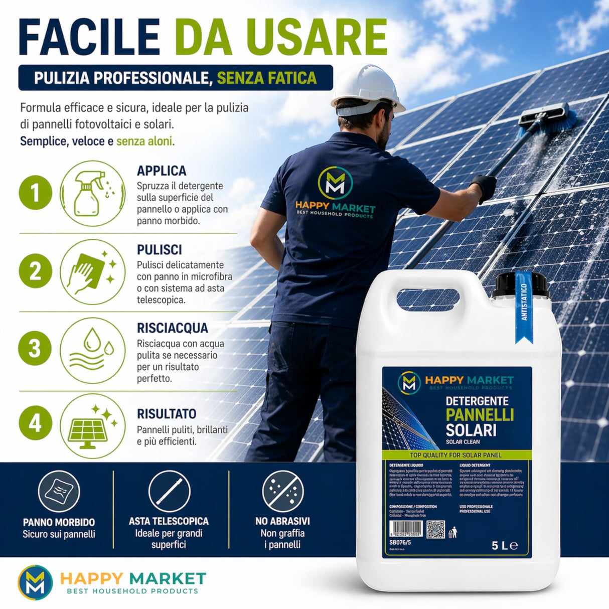 Detergente Pannelli Fotovoltaici e Solari 5L Antistatico Professionale – Pulizia Vetri Senza Aloni, Smog e Sporco – Impianti Fotovoltaici e Solari Termici