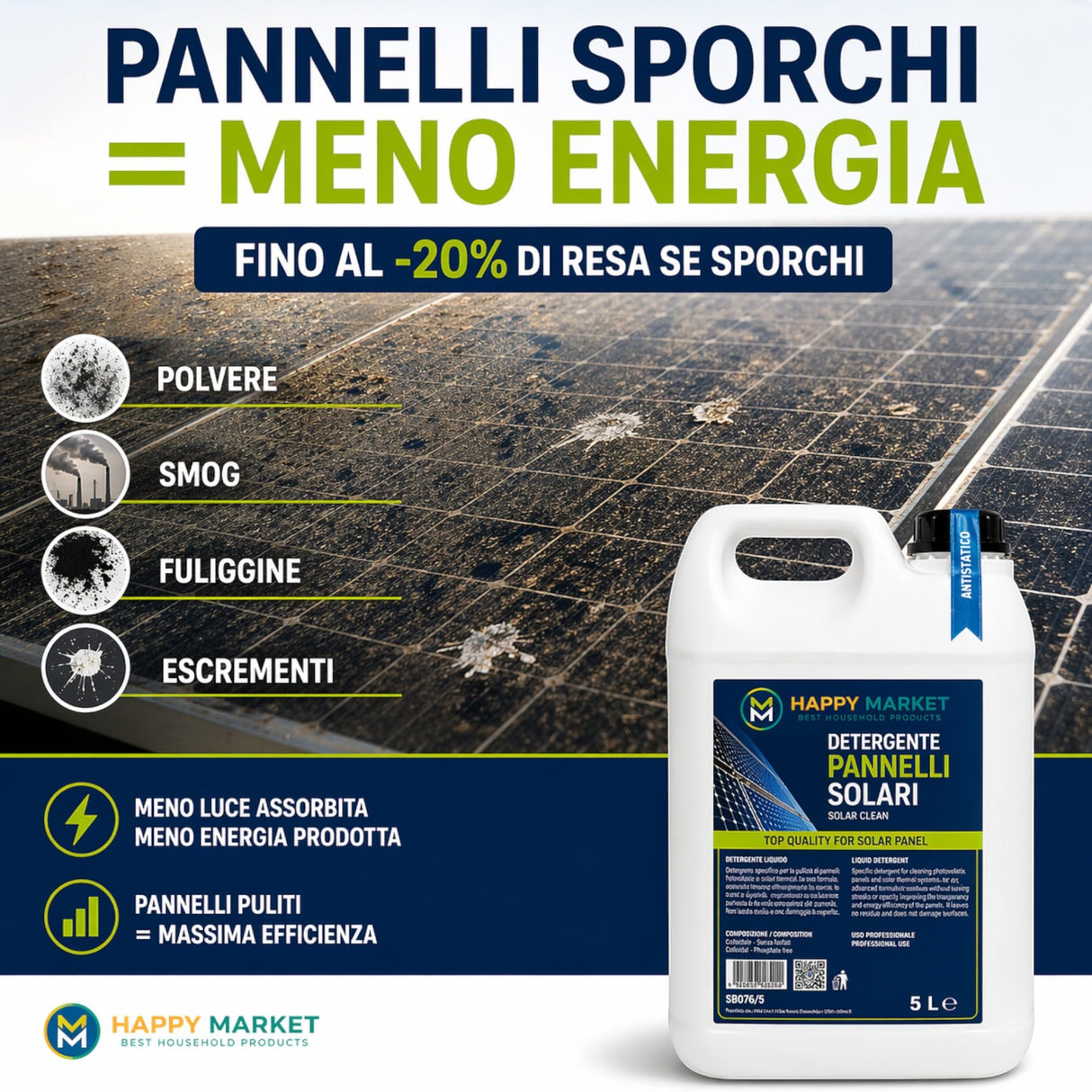 Detergente Pannelli Fotovoltaici e Solari 5L Antistatico Professionale – Pulizia Vetri Senza Aloni, Smog e Sporco – Impianti Fotovoltaici e Solari Termici
