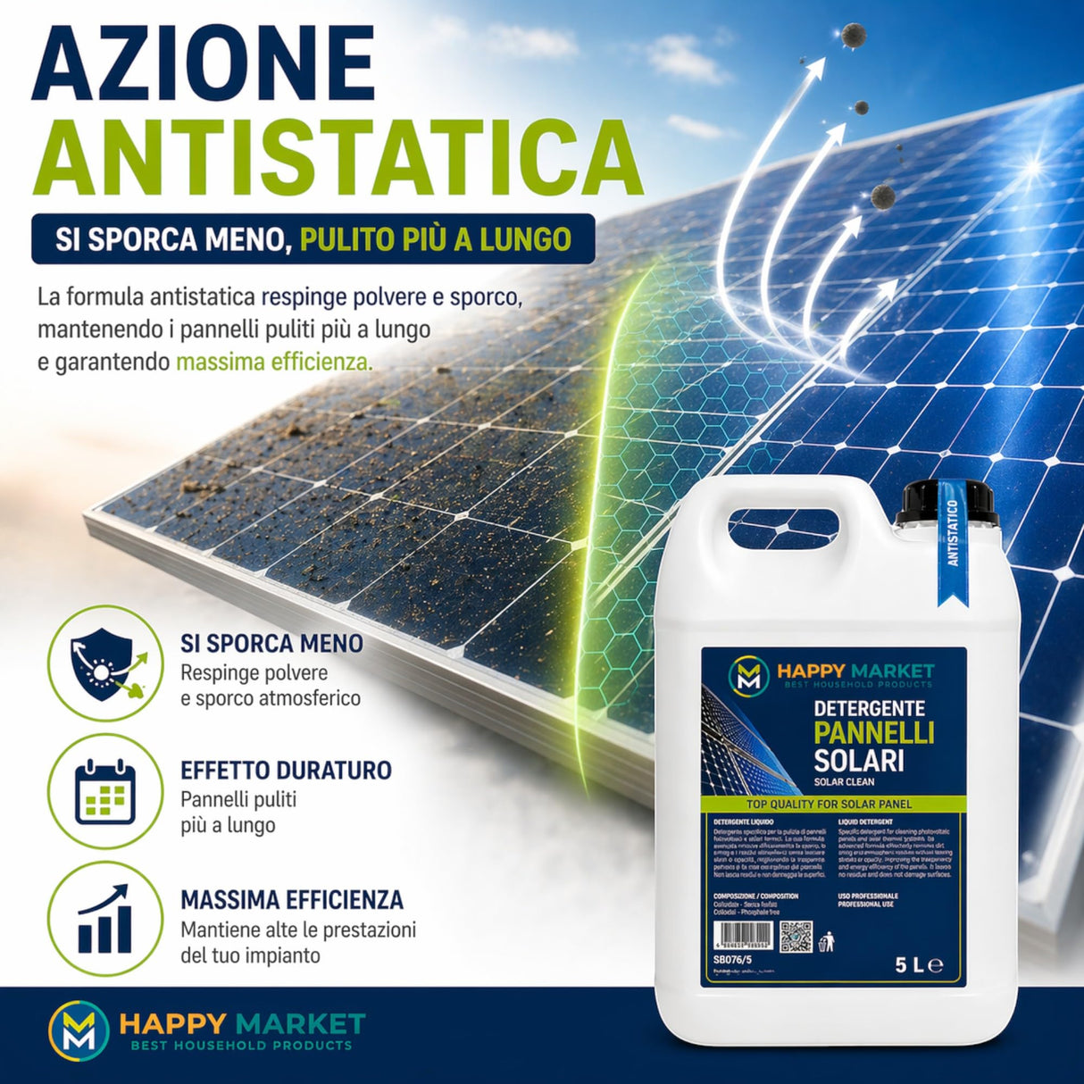 Detergente Pannelli Fotovoltaici e Solari 5L Antistatico Professionale – Pulizia Vetri Senza Aloni, Smog e Sporco – Impianti Fotovoltaici e Solari Termici