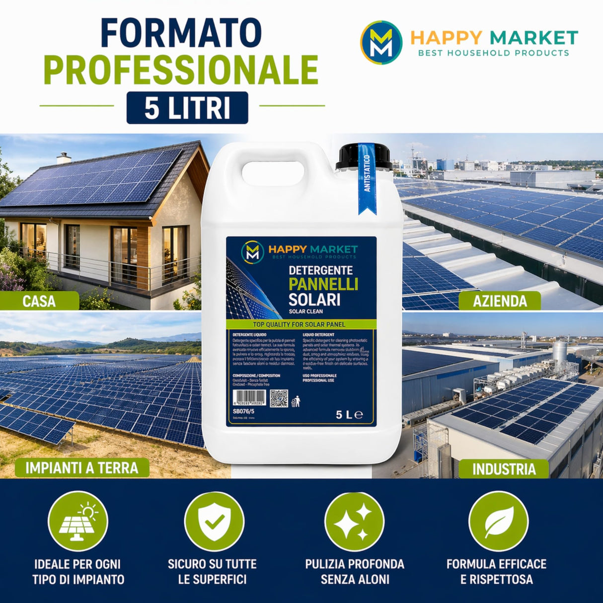 Detergente Pannelli Fotovoltaici e Solari 5L Antistatico Professionale – Pulizia Vetri Senza Aloni, Smog e Sporco – Impianti Fotovoltaici e Solari Termici