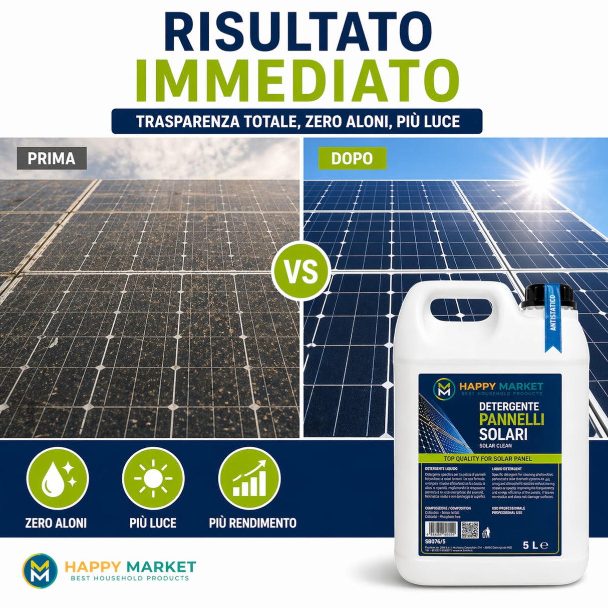 Detergente Pannelli Fotovoltaici e Solari 5L Antistatico Professionale – Pulizia Vetri Senza Aloni, Smog e Sporco – Impianti Fotovoltaici e Solari Termici