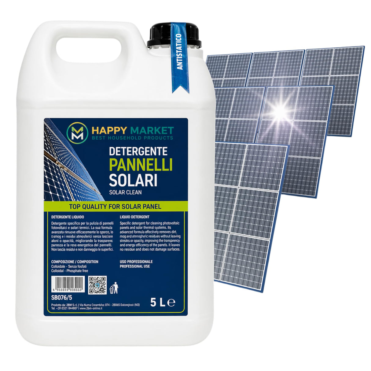 Detergente Pannelli Fotovoltaici e Solari 5L Antistatico Professionale – Pulizia Vetri Senza Aloni, Smog e Sporco – Impianti Fotovoltaici e Solari Termici