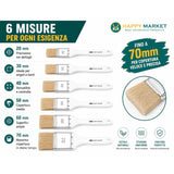 Set 6 Pennelli Pittura Professionali 20 30 40 50 60 70 mm Setole Naturali Pennellesse per Vernici Smalti Muro Legno Ferro Manico Legno Alta Precisione