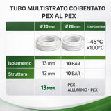 Tubo Multistrato Coibentato PEX AL PEX Ø20 Ø26 Isolamento 13 mm Bianco Anticondensa per Climatizzazione Pompa di Calore Riscaldamento Rotoli 10 25 50 Metri