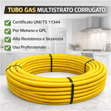 Tubo Multistrato Gas Corrugato PE-Xb/AL/PE-Xb con Guaina Gialla, Ø16 Ø20 Ø26 mm, Rotolo 25m 50m 100m, per Impianti Gas Metano GPL Interni, Alta Flessibilità e Resistenza