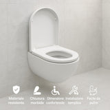 Sedile WC Universale Forma D 44.5x36CM Bianco Latte Polipropilene Soft Close Sgancio Rapido Facile Installazione Copriwater Bagno