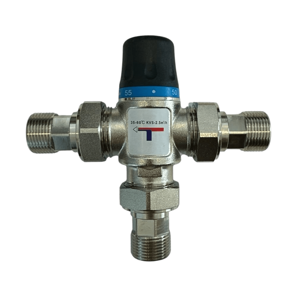 Valvola miscelatrice termostatica solare 1 ottone cromato 3 prolunghe 3/4 maschio Regolazione 35-60C per acqua calda e fredda Installazione semplice per scaldabagni e impianti solari