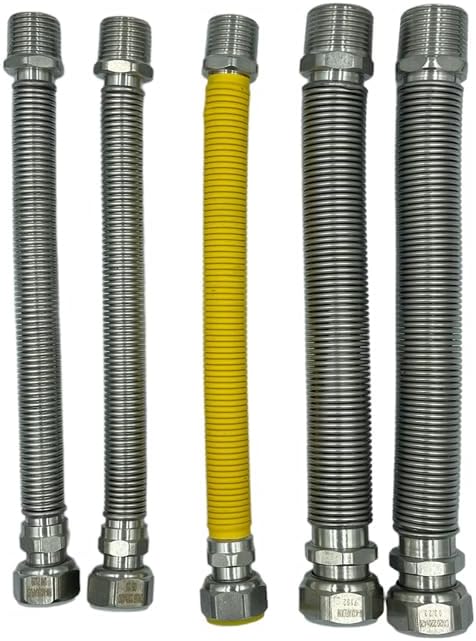 Kit Installazione Caldaia con 5 Tubi Flessibili Inox 220 420mm Attacchi MF per Acqua e Gas Versione Nuda o Rivestita Guarnizioni Incluse