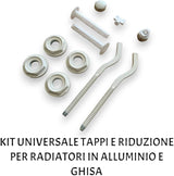 Kit universale tappi e riduzioni per radiatore in alluminio 1” x 3/8 o 1” x 1/2, completo di mensole, tasselli e chiave spurgo termosifone