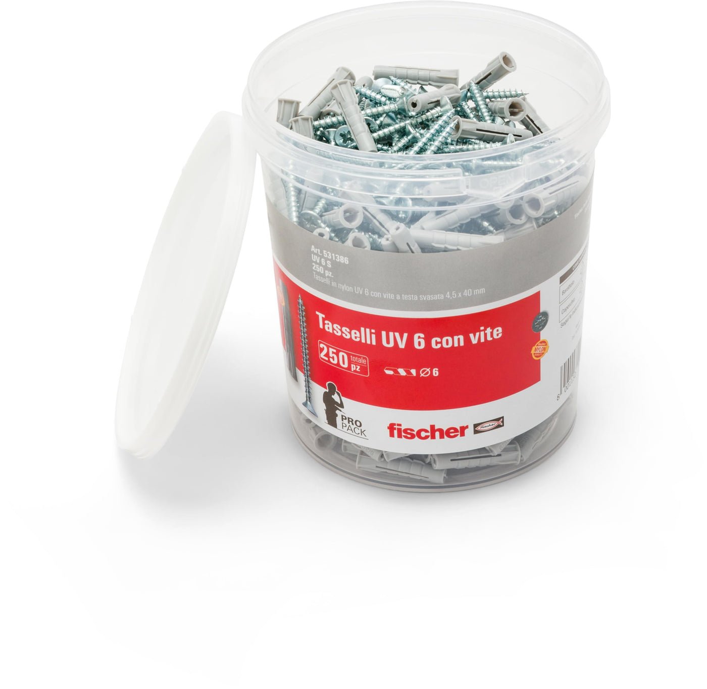Fischer UV 6 S, Secchiello 250 tasselli in nylon 6 x 30 mm con 250 viti incluse, fissaggi universali per muro, mattoni pieni, forati, calcestruzzo e cartongesso