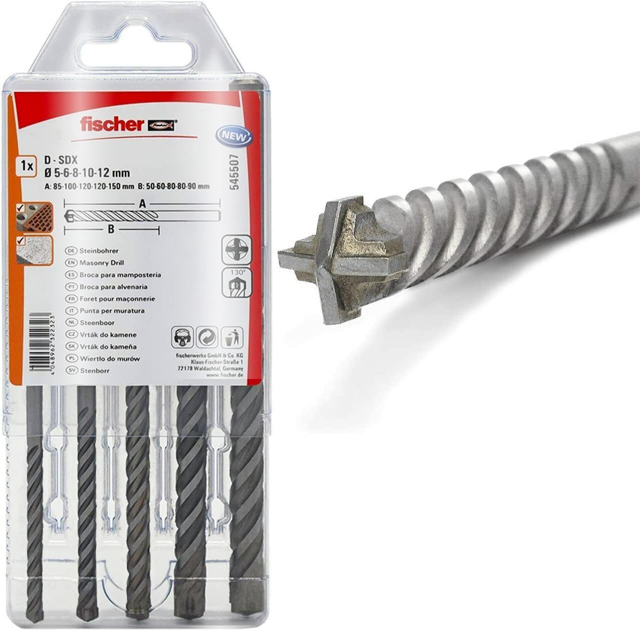 Fischer Kit 5 punte trapano per muro 5-6-8-10-12 mm, punte a 4 taglienti in carburo per muratura, calcestruzzo, cartongesso e fori per tasselli