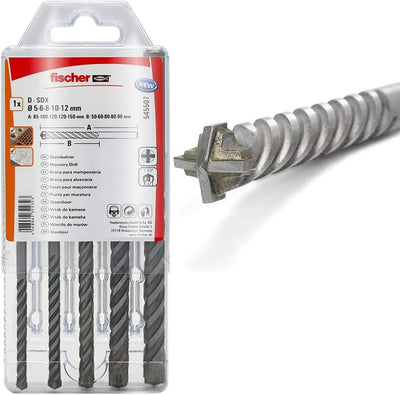 Fischer Kit 5 punte trapano per muro 5-6-8-10-12 mm, punte a 4 taglienti in carburo per muratura, calcestruzzo, cartongesso e fori per tasselli