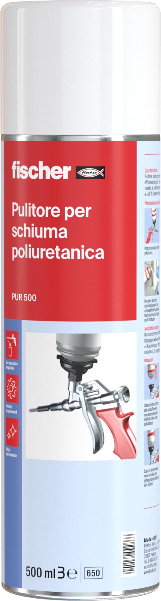 Fischer PUR 500 Pulitore per schiuma poliuretanica 500 ml, solvente spray per pistola, beccuccio e adattatore, rimuove residui di schiuma fresca non indurita