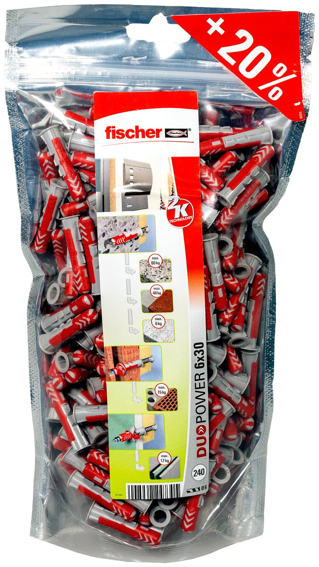 Fischer Big Pack DUOPOWER Tasselli universali 6 x 30 mm confezione 240 pezzi, fissaggi bi-materiale per muro, cartongesso, calcestruzzo, mattoni pieni e forati