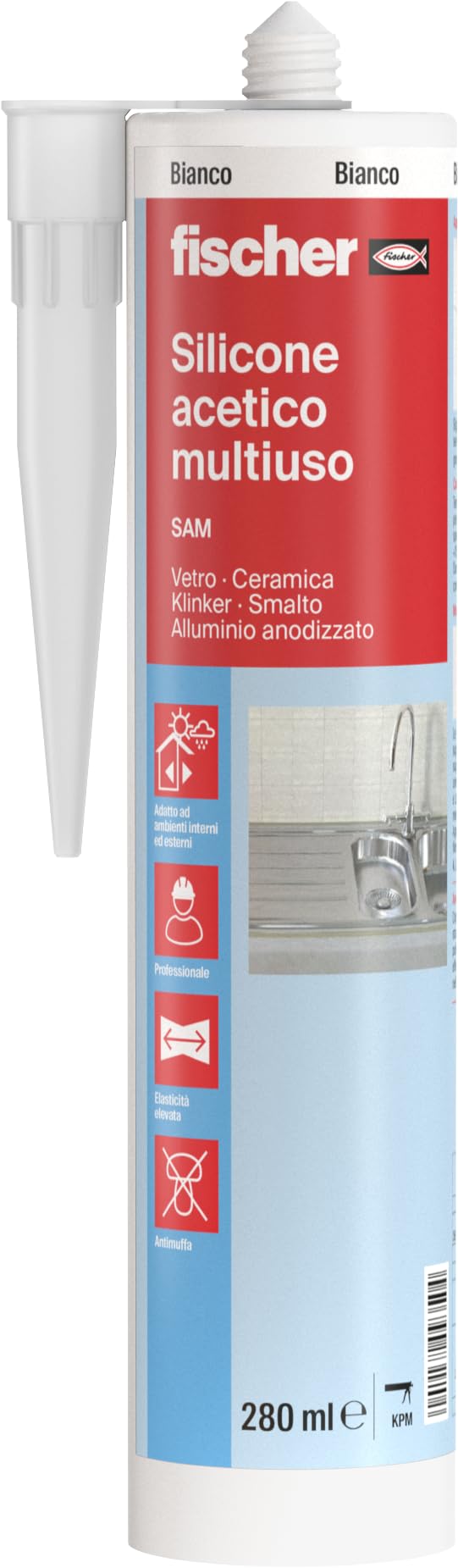 Fischer Silicone acetico multiuso bianco 280 ml, sigillante antimuffa per bagno cucina vetro ceramica alluminio sanitari vetrate e superfici non porose