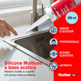 Fischer Silicone acetico multiuso bianco 280 ml, sigillante antimuffa per bagno cucina vetro ceramica alluminio sanitari vetrate e superfici non porose