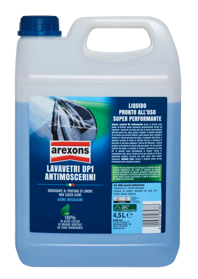 AREXONS Lavavetri DP1 Antimoscerini Pronto all'Uso, Detergente per Vaschetta Lavacristalli Auto, Fragranza Limone, 4.5L