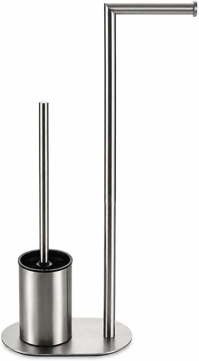 Piantana Bagno Portarotolo e Scopino WC da Terra in Acciaio Inox Spazzolato, Porta Carta Igienica Salvaspazio con Scopino per Bagno Moderno, Supporto Autoportante per Toilette