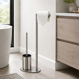 Piantana Bagno Portarotolo e Scopino WC da Terra in Acciaio Inox Spazzolato, Porta Carta Igienica Salvaspazio con Scopino per Bagno Moderno, Supporto Autoportante per Toilette