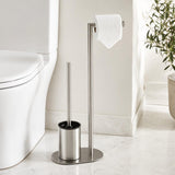 Piantana Bagno Portarotolo e Scopino WC da Terra in Acciaio Inox Spazzolato, Porta Carta Igienica Salvaspazio con Scopino per Bagno Moderno, Supporto Autoportante per Toilette