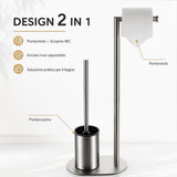 Piantana Bagno Portarotolo e Scopino WC da Terra in Acciaio Inox Spazzolato, Porta Carta Igienica Salvaspazio con Scopino per Bagno Moderno, Supporto Autoportante per Toilette