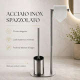 Piantana Bagno Portarotolo e Scopino WC da Terra in Acciaio Inox Spazzolato, Porta Carta Igienica Salvaspazio con Scopino per Bagno Moderno, Supporto Autoportante per Toilette