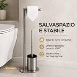Piantana Bagno Portarotolo e Scopino WC da Terra in Acciaio Inox Spazzolato, Porta Carta Igienica Salvaspazio con Scopino per Bagno Moderno, Supporto Autoportante per Toilette