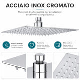 Soffione Doccia Quadrato 20x20 cm HM in Acciaio Inox, Ultra Sottile Anticalcare, Effetto Pioggia Alta Pressione, Attacco Universale 1/2”, Soffione Doccia Rain