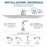 Soffione Doccia Quadrato 20x20 cm HM in Acciaio Inox, Ultra Sottile Anticalcare, Effetto Pioggia Alta Pressione, Attacco Universale 1/2”, Soffione Doccia Rain