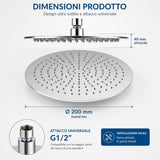 Soffione Doccia Rotondo 20 cm in Acciaio Inox, Doccia Effetto Pioggia Alta Pressione, Testa Doccia Anticalcare Ultra Sottile, Attacco Universale G1/2”, Soffione Cromato per Bagno