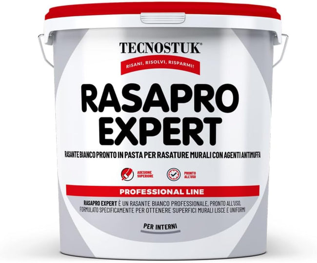 TECNOSTUK RasaPro Expert – Rasante Bianco in Pasta con Agenti Antimuffa per Rasature Murali – Liscia, Adesiva e Pronta all’Uso (5 Litri)