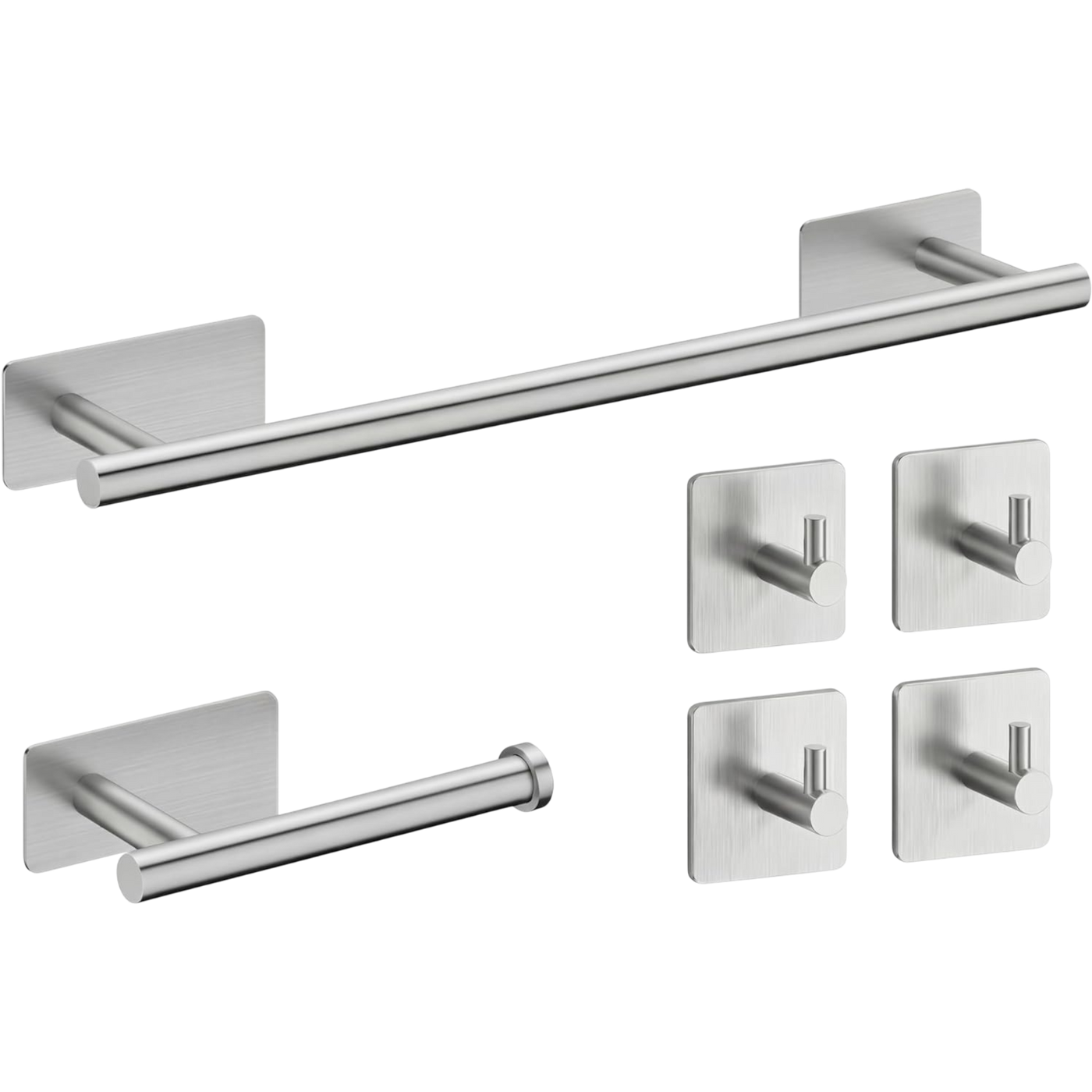 Set Accessori Bagno Adesivi 6 Pezzi in Acciaio Inox 304 Spazzolato, Porta Asciugamani 40 cm, Porta Carta Igienica, 4 Ganci Appendiabito, Senza Trapano, Adesivi Alta Tenuta, Bagno Moderno