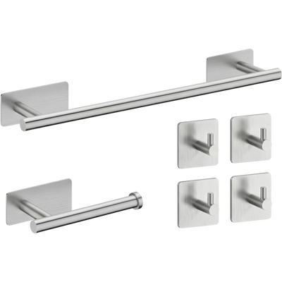 Set Accessori Bagno Adesivi 6 Pezzi in Acciaio Inox 304 Spazzolato, Porta Asciugamani 40 cm, Porta Carta Igienica, 4 Ganci Appendiabito, Senza Trapano, Adesivi Alta Tenuta, Bagno Moderno