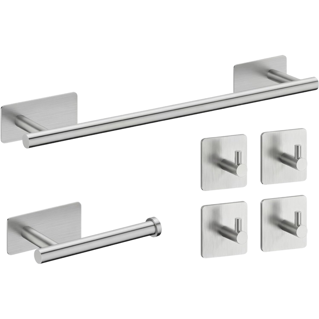 Set Accessori Bagno Adesivi 6 Pezzi in Acciaio Inox 304 Spazzolato, Porta Asciugamani 40 cm, Porta Carta Igienica, 4 Ganci Appendiabito, Senza Trapano, Adesivi Alta Tenuta, Bagno Moderno