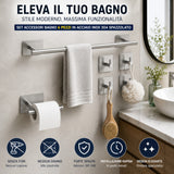 Set Accessori Bagno Adesivi 6 Pezzi in Acciaio Inox 304 Spazzolato, Porta Asciugamani 40 cm, Porta Carta Igienica, 4 Ganci Appendiabito, Senza Trapano, Adesivi Alta Tenuta, Bagno Moderno