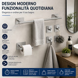 Set Accessori Bagno Adesivi 6 Pezzi in Acciaio Inox 304 Spazzolato, Porta Asciugamani 40 cm, Porta Carta Igienica, 4 Ganci Appendiabito, Senza Trapano, Adesivi Alta Tenuta, Bagno Moderno