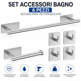 Set Accessori Bagno Adesivi 6 Pezzi in Acciaio Inox 304 Spazzolato, Porta Asciugamani 40 cm, Porta Carta Igienica, 4 Ganci Appendiabito, Senza Trapano, Adesivi Alta Tenuta, Bagno Moderno