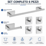 Set Accessori Bagno Adesivi 6 Pezzi in Acciaio Inox 304 Spazzolato, Porta Asciugamani 40 cm, Porta Carta Igienica, 4 Ganci Appendiabito, Senza Trapano, Adesivi Alta Tenuta, Bagno Moderno