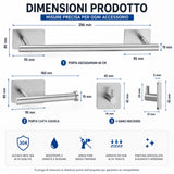 Set Accessori Bagno Adesivi 6 Pezzi in Acciaio Inox 304 Spazzolato, Porta Asciugamani 40 cm, Porta Carta Igienica, 4 Ganci Appendiabito, Senza Trapano, Adesivi Alta Tenuta, Bagno Moderno