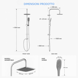 Colonna Doccia Senza Miscelatore Cromata, Set Doccia con Soffione Quadrato 25x20 cm, Doccetta Monogetto, Asta Regolabile, Tubo Flessibile 150 cm, Deviatore e Kit Installazione per Bagno