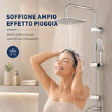 Colonna Doccia Senza Miscelatore Cromata, Set Doccia con Soffione Quadrato 25x20 cm, Doccetta Monogetto, Asta Regolabile, Tubo Flessibile 150 cm, Deviatore e Kit Installazione per Bagno