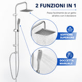 Colonna Doccia Senza Miscelatore Cromata, Set Doccia con Soffione Quadrato 25x20 cm, Doccetta Monogetto, Asta Regolabile, Tubo Flessibile 150 cm, Deviatore e Kit Installazione per Bagno