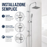 Colonna Doccia Senza Miscelatore Cromata, Set Doccia con Soffione Quadrato 25x20 cm, Doccetta Monogetto, Asta Regolabile, Tubo Flessibile 150 cm, Deviatore e Kit Installazione per Bagno