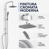 Colonna Doccia Senza Miscelatore Cromata, Set Doccia con Soffione Quadrato 25x20 cm, Doccetta Monogetto, Asta Regolabile, Tubo Flessibile 150 cm, Deviatore e Kit Installazione per Bagno