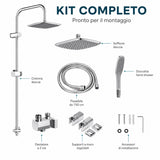 Colonna Doccia Senza Miscelatore Cromata, Set Doccia con Soffione Quadrato 25x20 cm, Doccetta Monogetto, Asta Regolabile, Tubo Flessibile 150 cm, Deviatore e Kit Installazione per Bagno