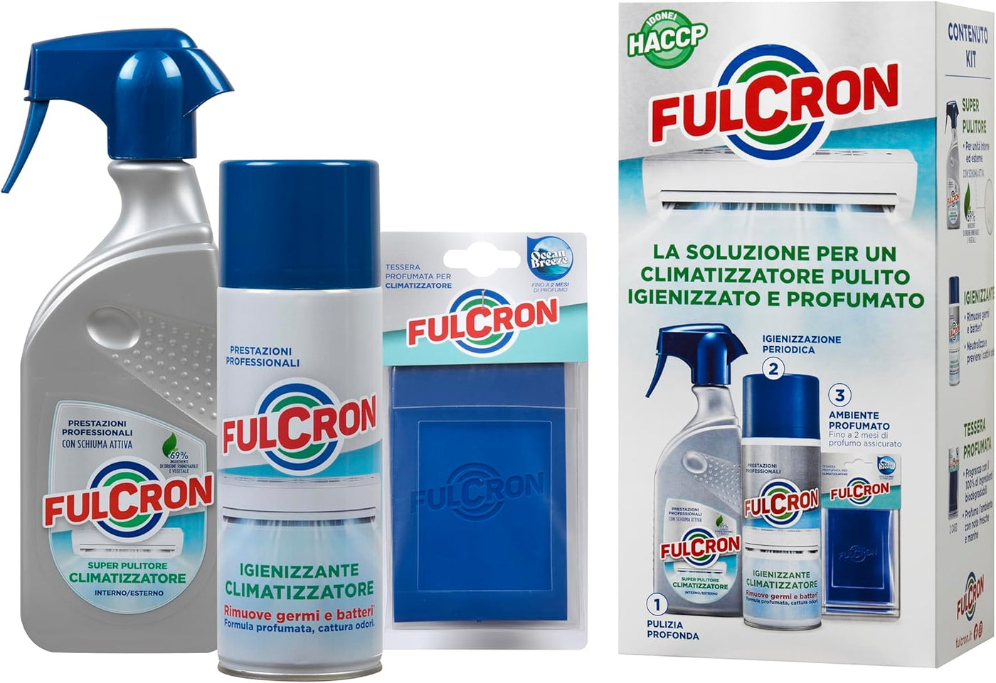 Fulcron Kit Pulizia Climatizzatore 3pz Pulitore Igienizzante Profumatore